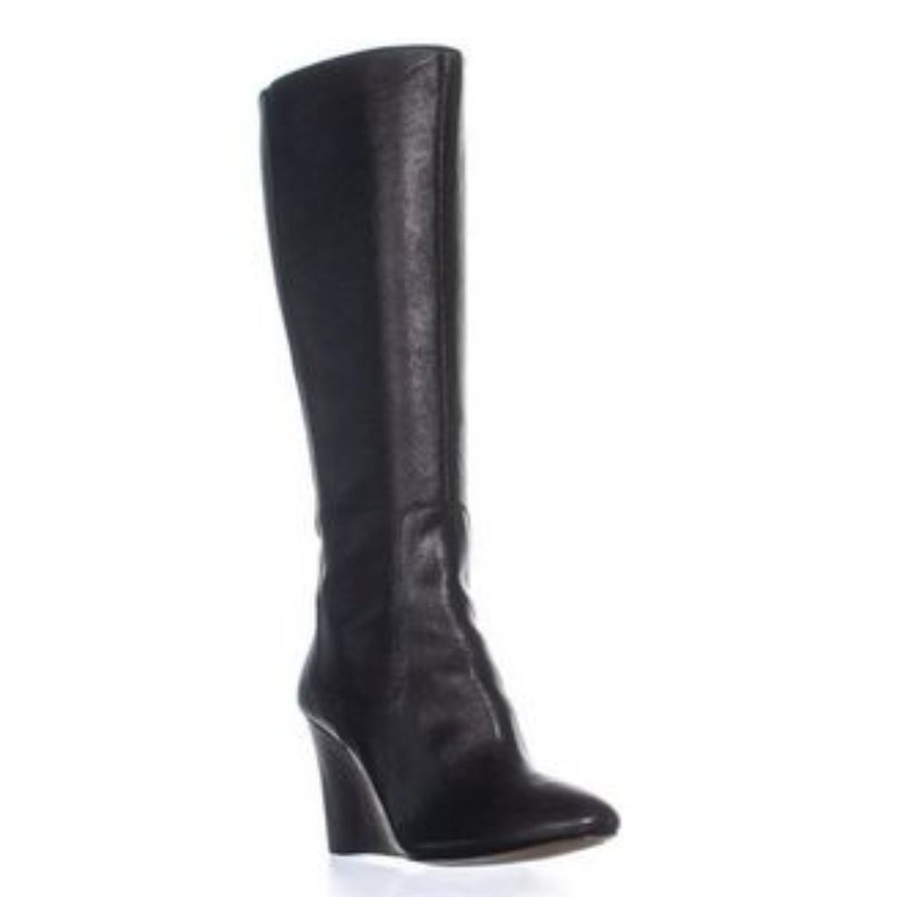 NWT Nine West Black Leather Wedge Heart Set Wide Calf Boot Size 8.5